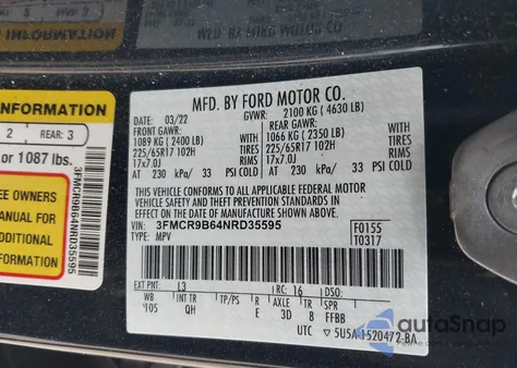 2022 Ford Bronco Sport Big Bend z USA, uszkodzony, nr VIN 3FMCR9B64NRD35595